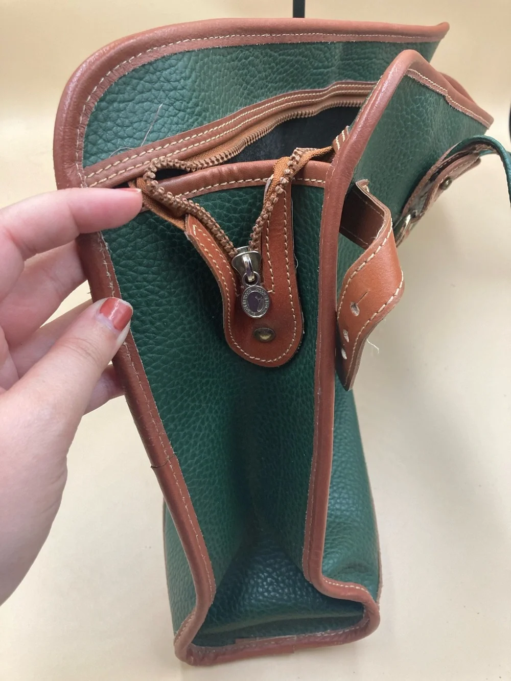 Dooney & Bourke Forest Green Pebbled Leather Tote with Brown Trim Vintage